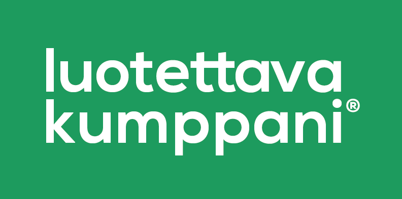Valkoinen teksti "luotettava kumppani®" vihreällä taustalla.